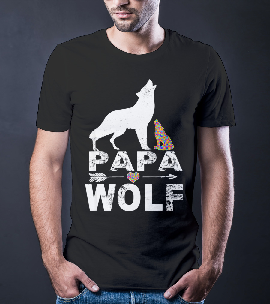 Papa Wolf Autism Awareness Puzzle Heart And Howling Pups T-Shirt