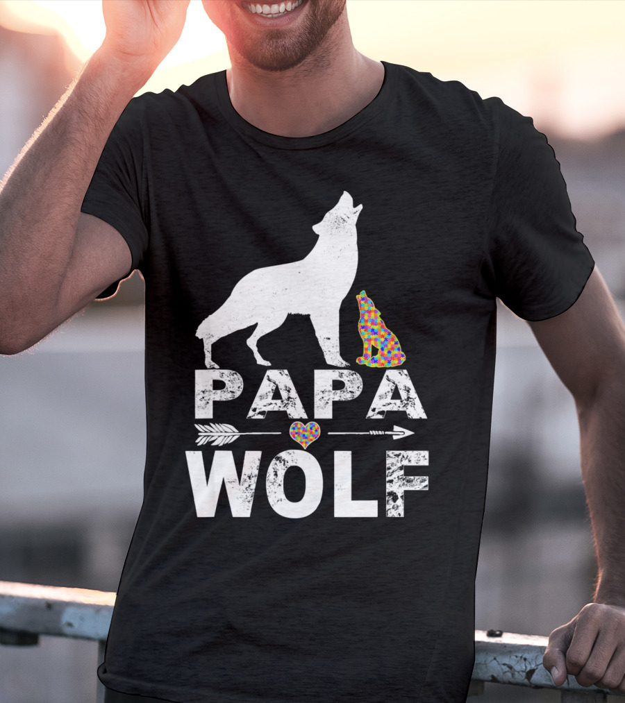 Papa Wolf Autism Awareness Puzzle Heart And Howling Pups T-Shirt