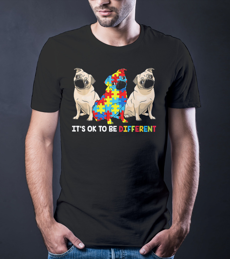 Its OK To Be Different Pug Autism Awareness Puzzle Pieces T-Shirt