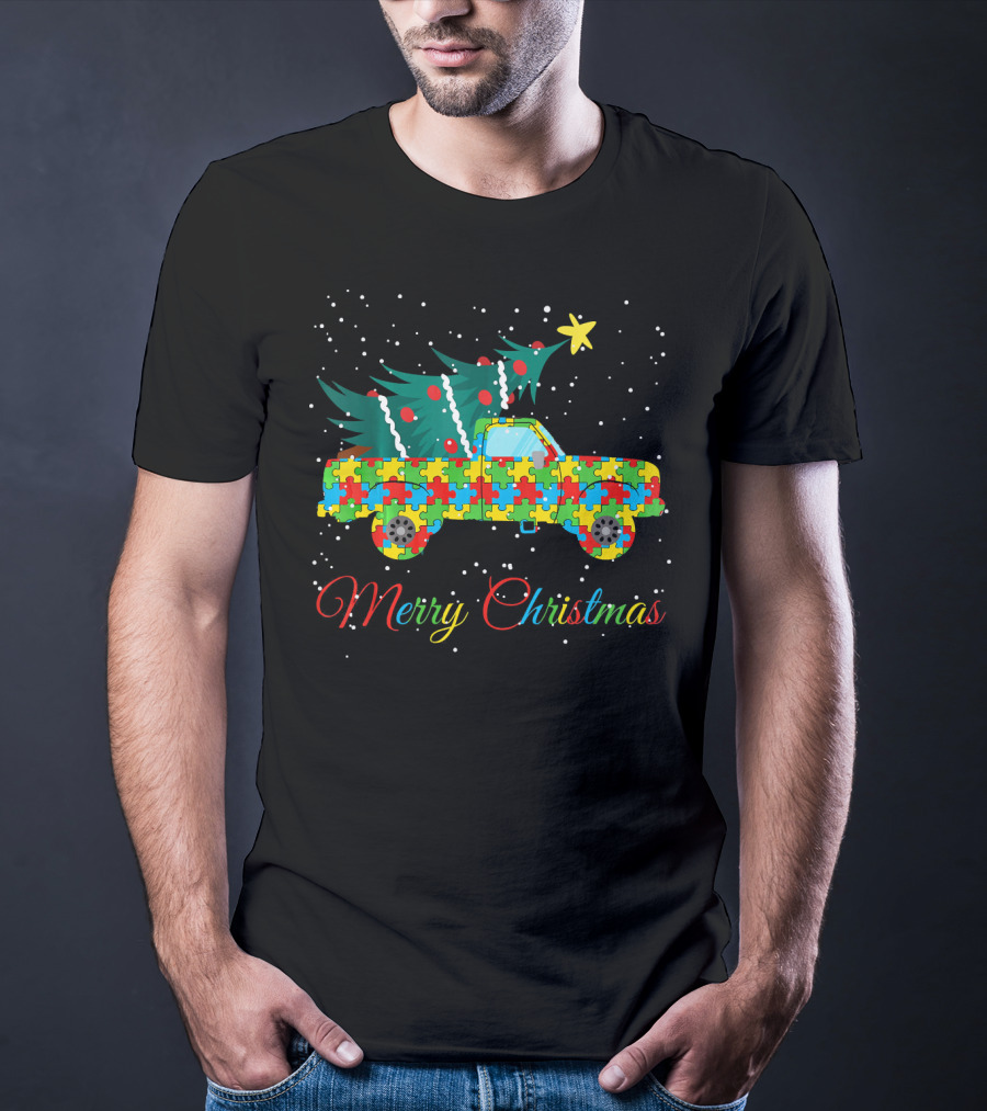 Merry Christmas Puzzle Pickup Truck With Tree Autism Awareness T-Shirt