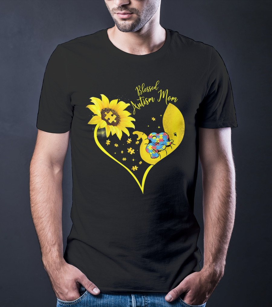 Blessed Autism Mom Sunflower Elephant Puzzle Heart T-Shirt
