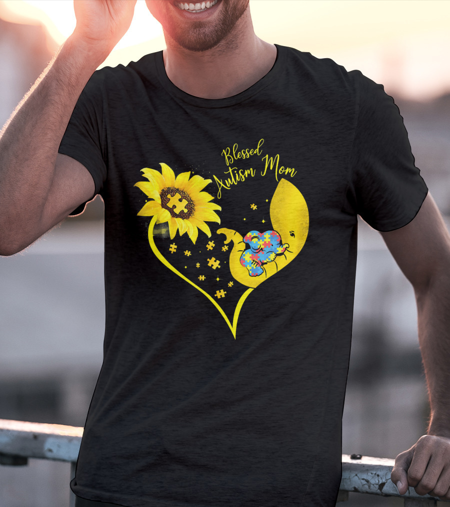 Blessed Autism Mom Sunflower Elephant Puzzle Heart T-Shirt
