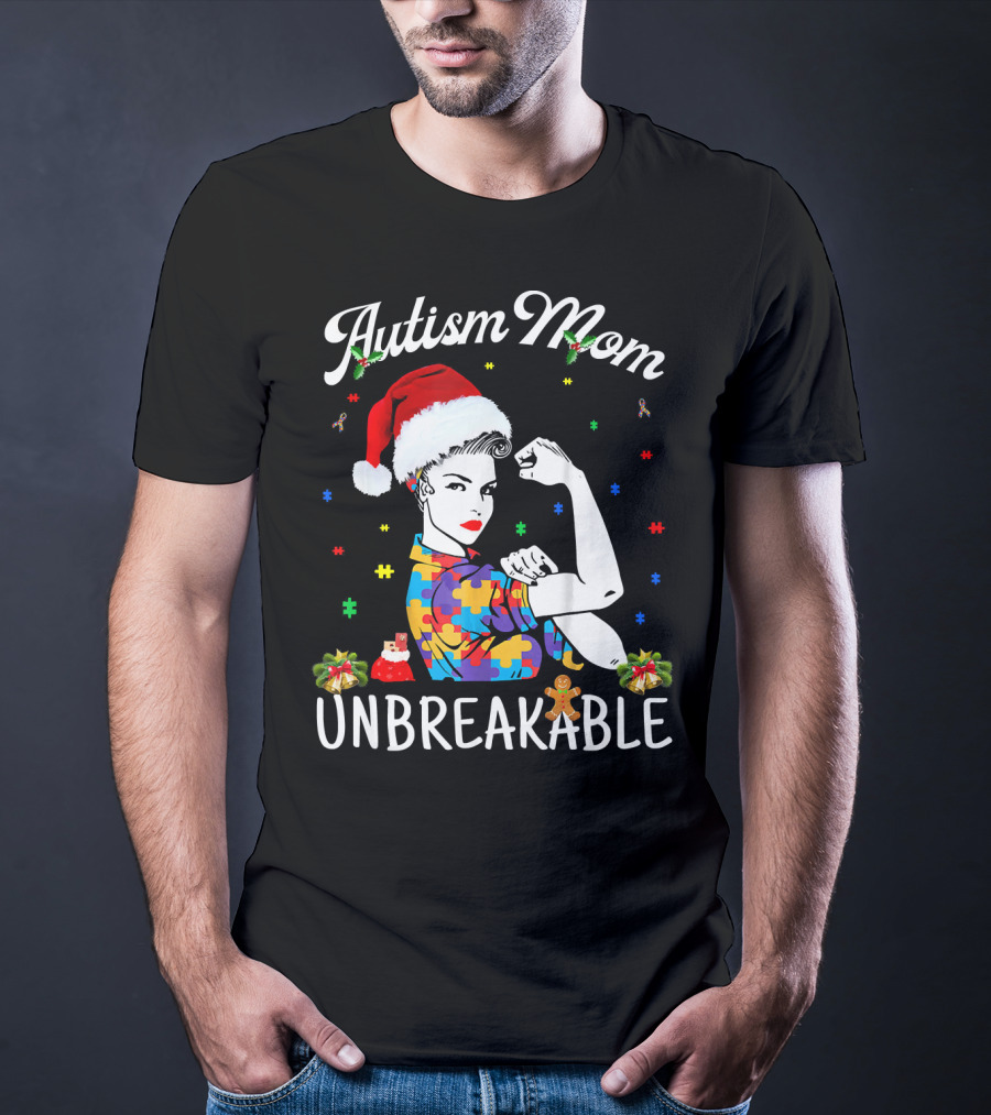 Autism Mom Unbreakable Santa Christmas Pride Puzzle Pieces T-Shirt