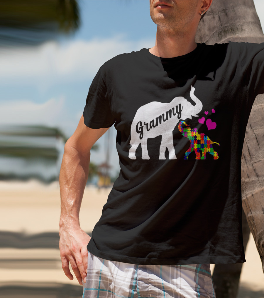 Grammy Elephant With Colorful Puzzle Piece Baby And Hearts For Autism Awareness T-Shirt