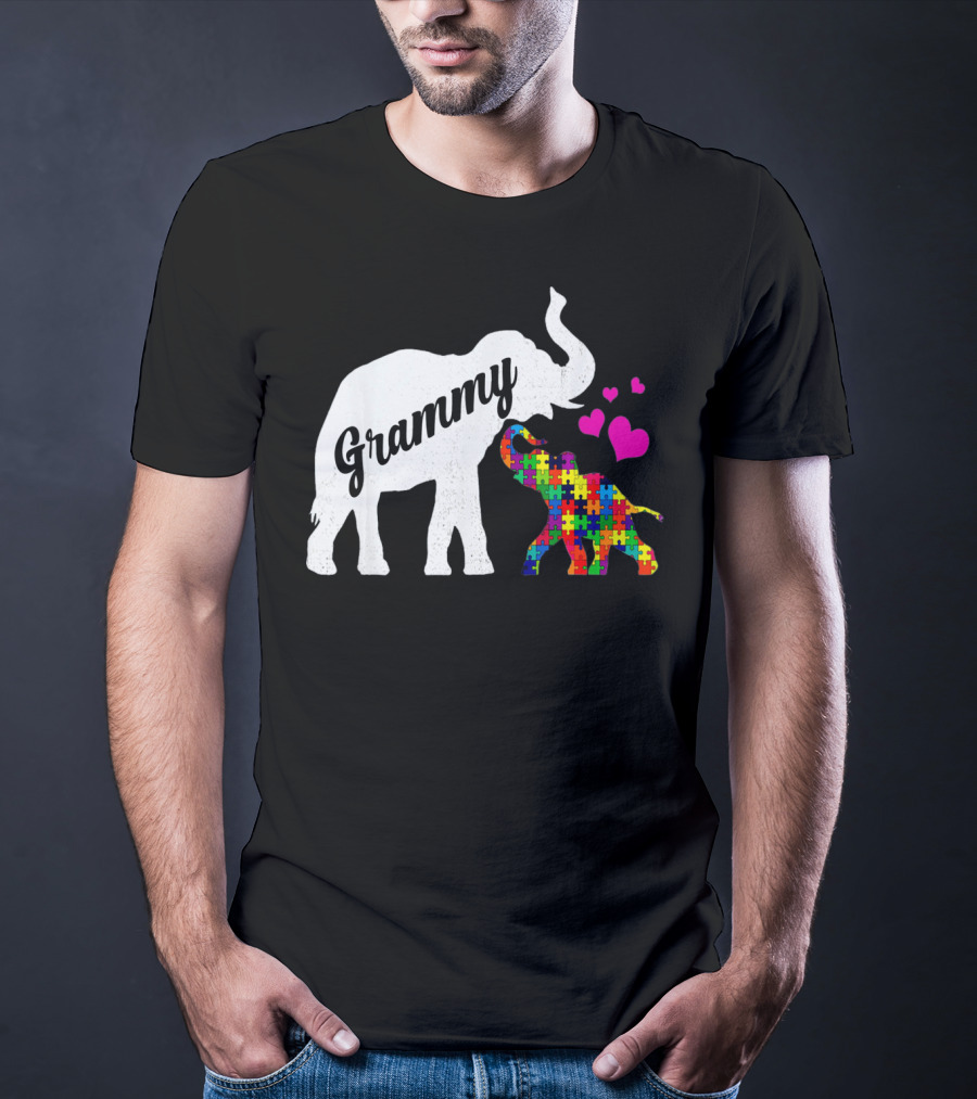 Grammy Elephant With Colorful Puzzle Piece Baby And Hearts For Autism Awareness T-Shirt