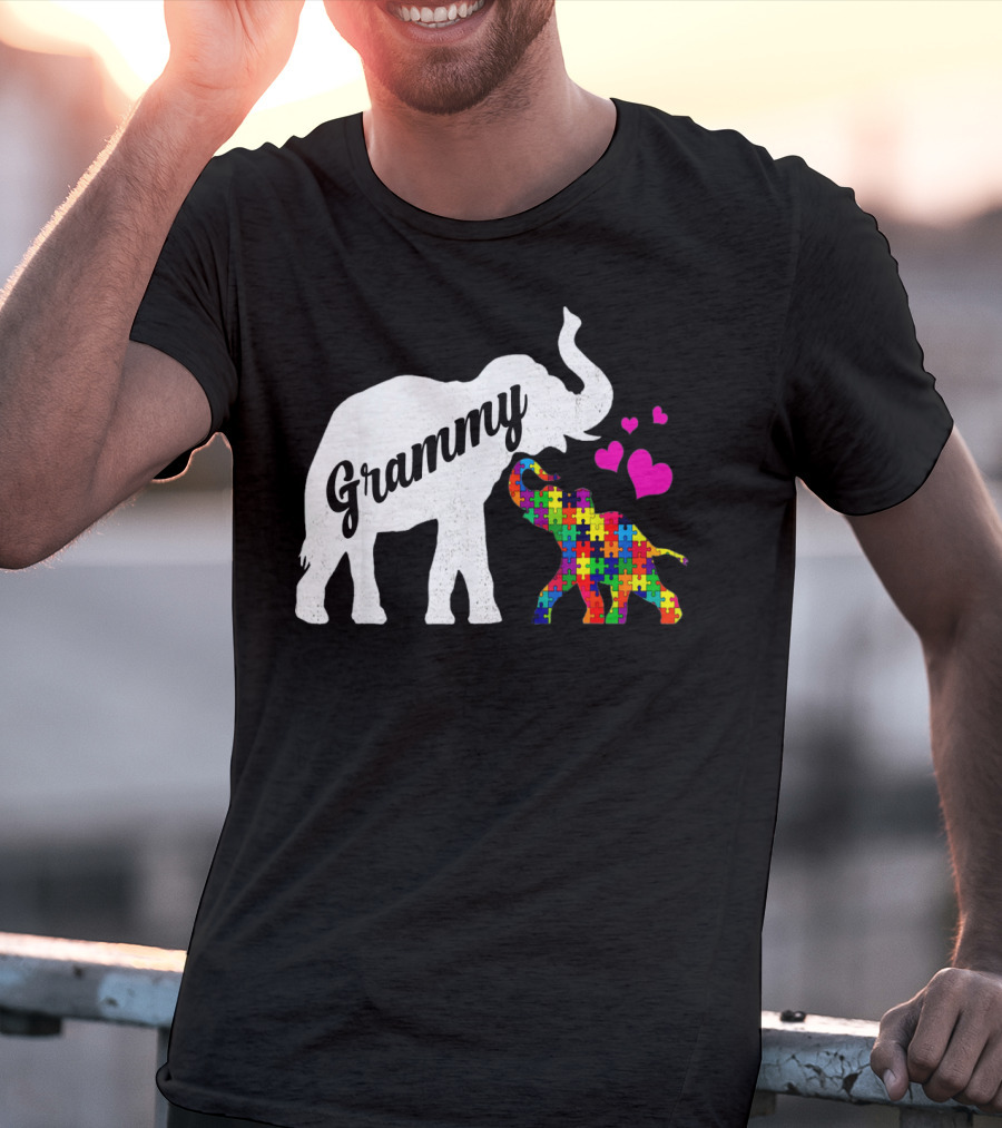 Grammy Elephant With Colorful Puzzle Piece Baby And Hearts For Autism Awareness T-Shirt