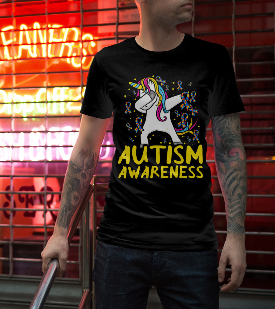 Dabbing Unicorn Puzzle Ribbon Autism Awareness T-Shirt