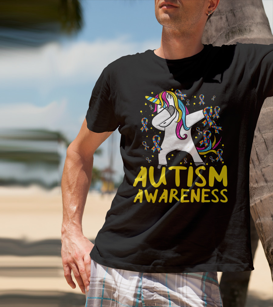 Dabbing Unicorn Puzzle Ribbon Autism Awareness T-Shirt