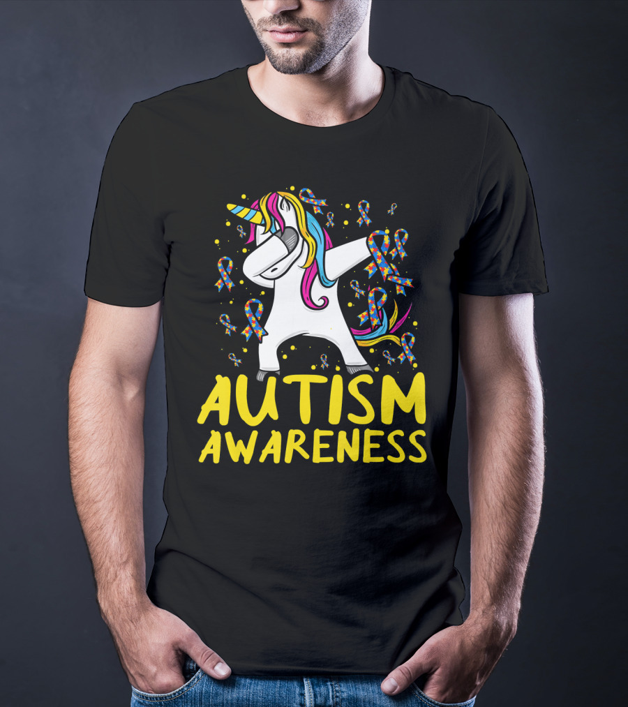 Dabbing Unicorn Puzzle Ribbon Autism Awareness T-Shirt