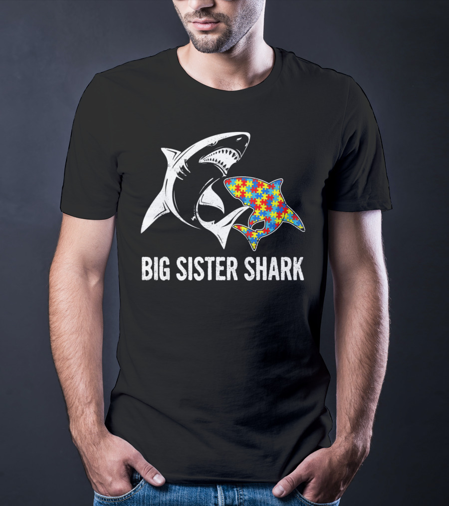 Big Sister Shark Autism Puzzle Piece Awareness T-Shirt