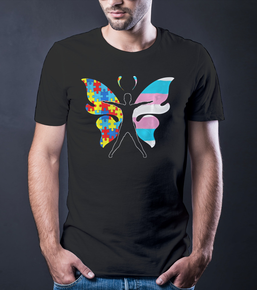 Autism Awareness Puzzle Butterfly With Transgender Flag Wings T-Shirt