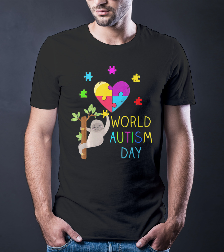 World Autism Day Sloth Heart Puzzle Pieces T-Shirt