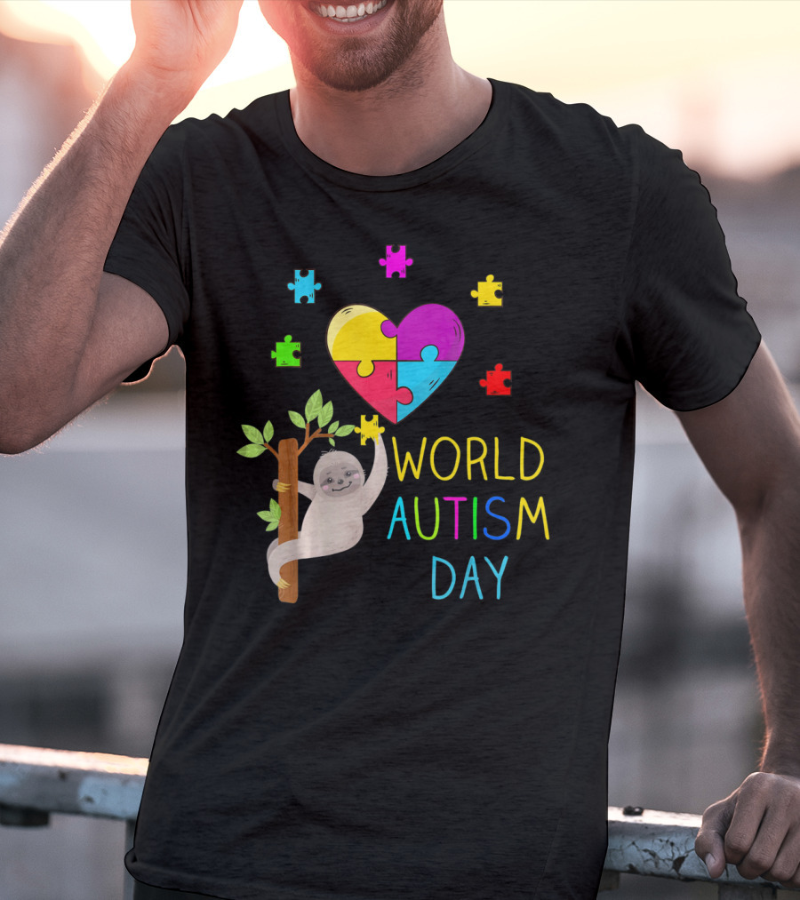 World Autism Day Sloth Heart Puzzle Pieces T-Shirt