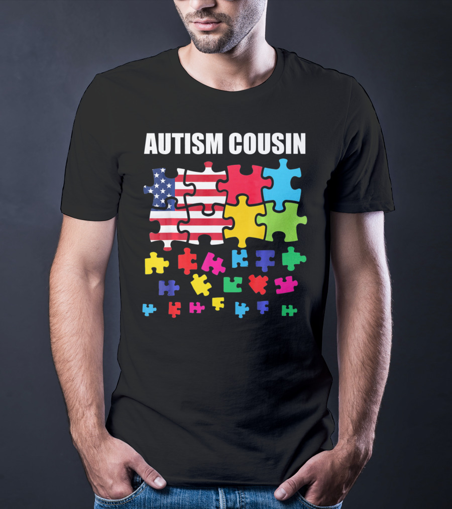 Autism Cousin Puzzle Pieces USA Flag Autism Awareness T-Shirt