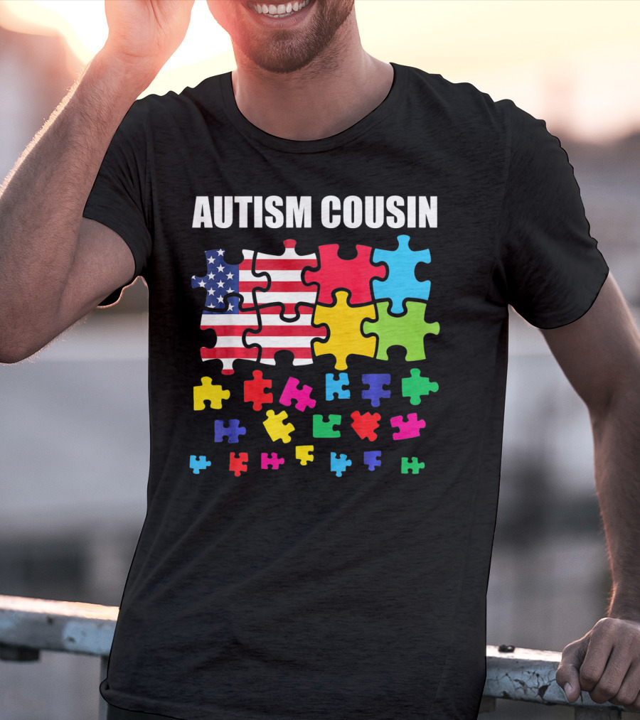Autism Cousin Puzzle Pieces USA Flag Autism Awareness T-Shirt