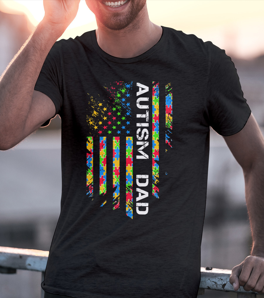 Autism Dad Puzzle Piece Flag USA Awareness T-Shirt