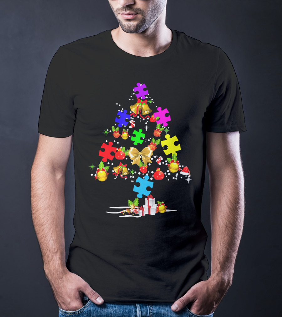 Autism Awareness Christmas Tree Puzzle Piece Ornament Festive Holiday T-Shirt