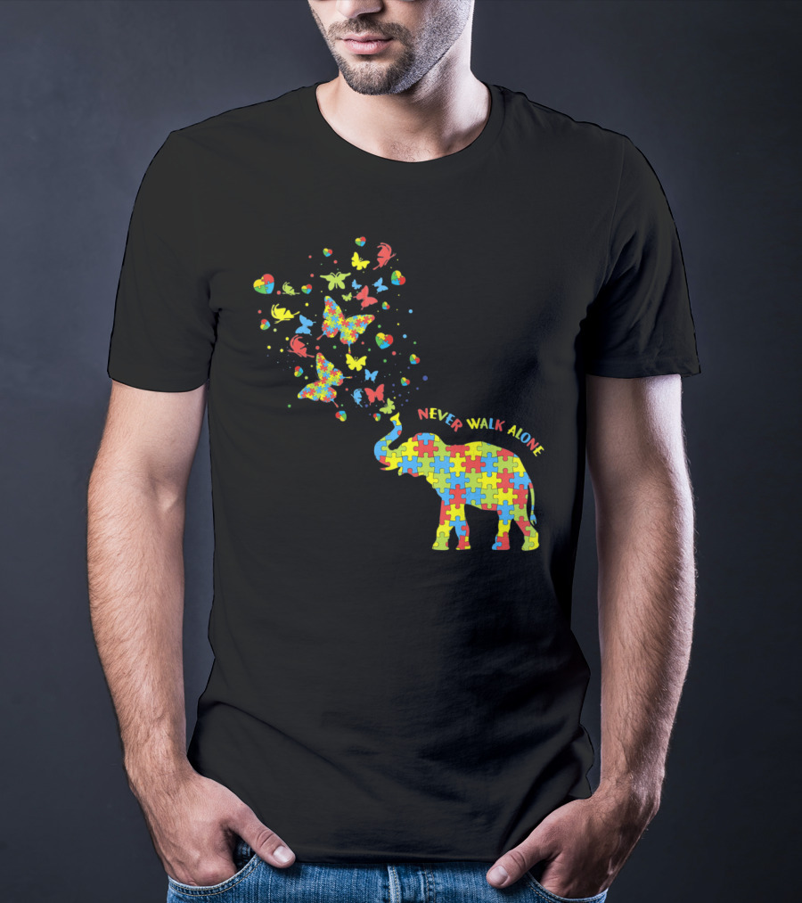 Elephants And Butterflies Autism Awareness Never Walk Alone T-Shirt