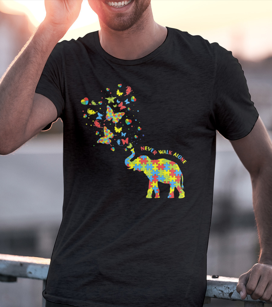 Elephants And Butterflies Autism Awareness Never Walk Alone T-Shirt