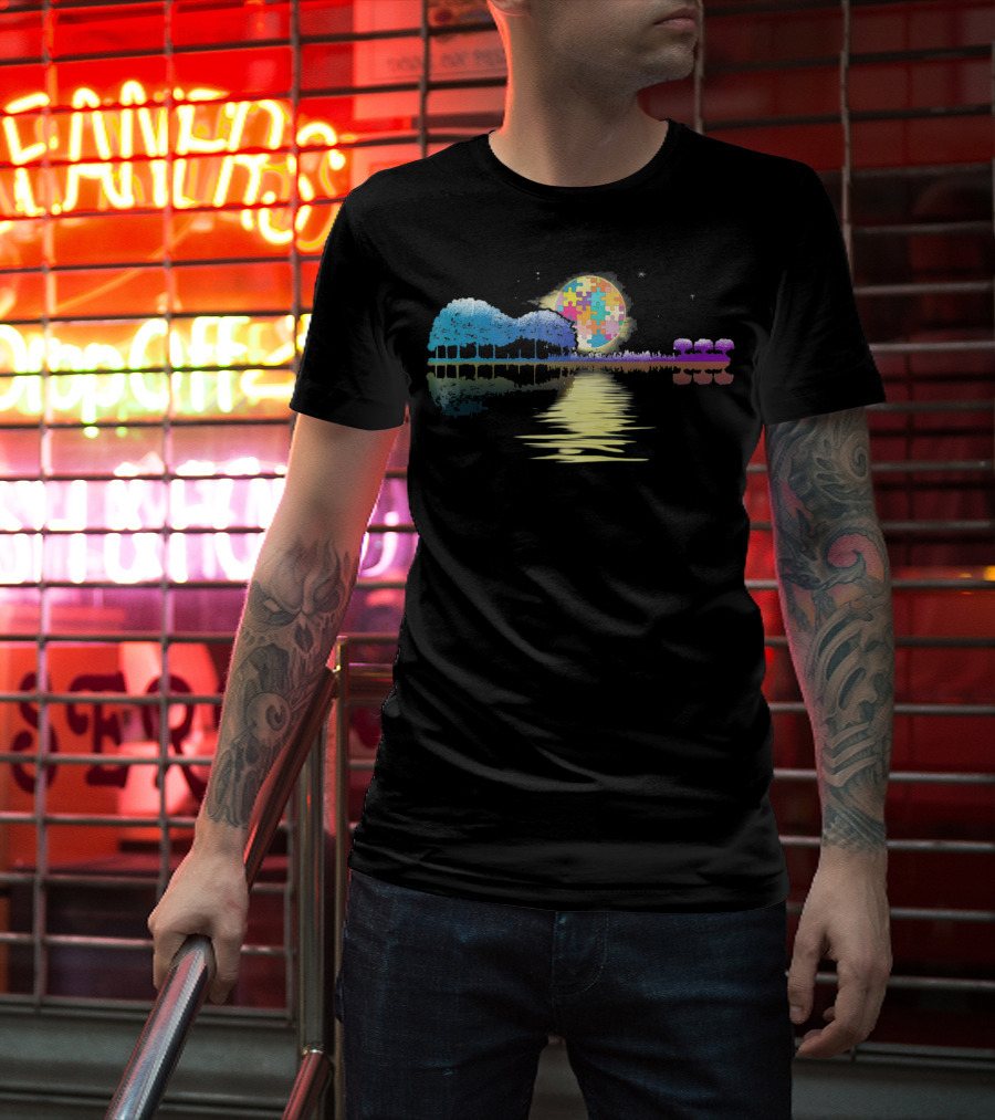 Guitar Lake Shadow Autism Puzzle Moon Reflection T-Shirt