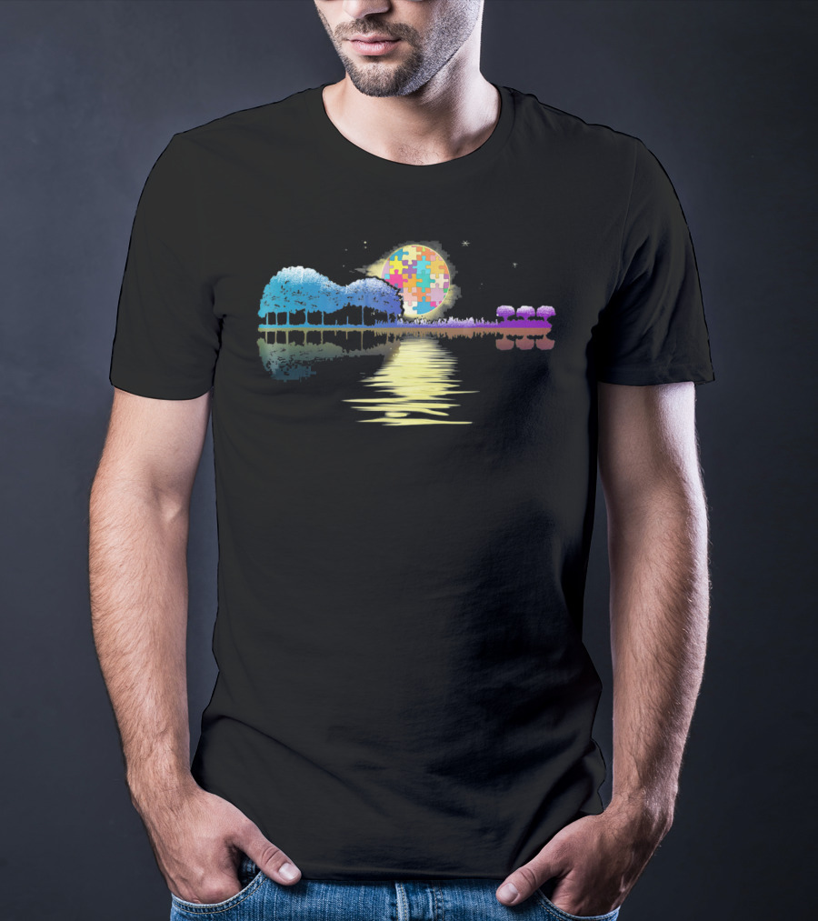 Guitar Lake Shadow Autism Puzzle Moon Reflection T-Shirt