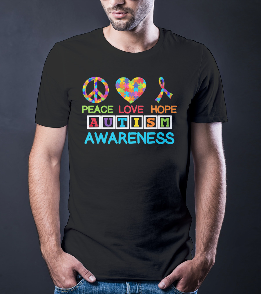 Autism Awareness Peace Love Hope Puzzle Ribbon Puzzle T-Shirt