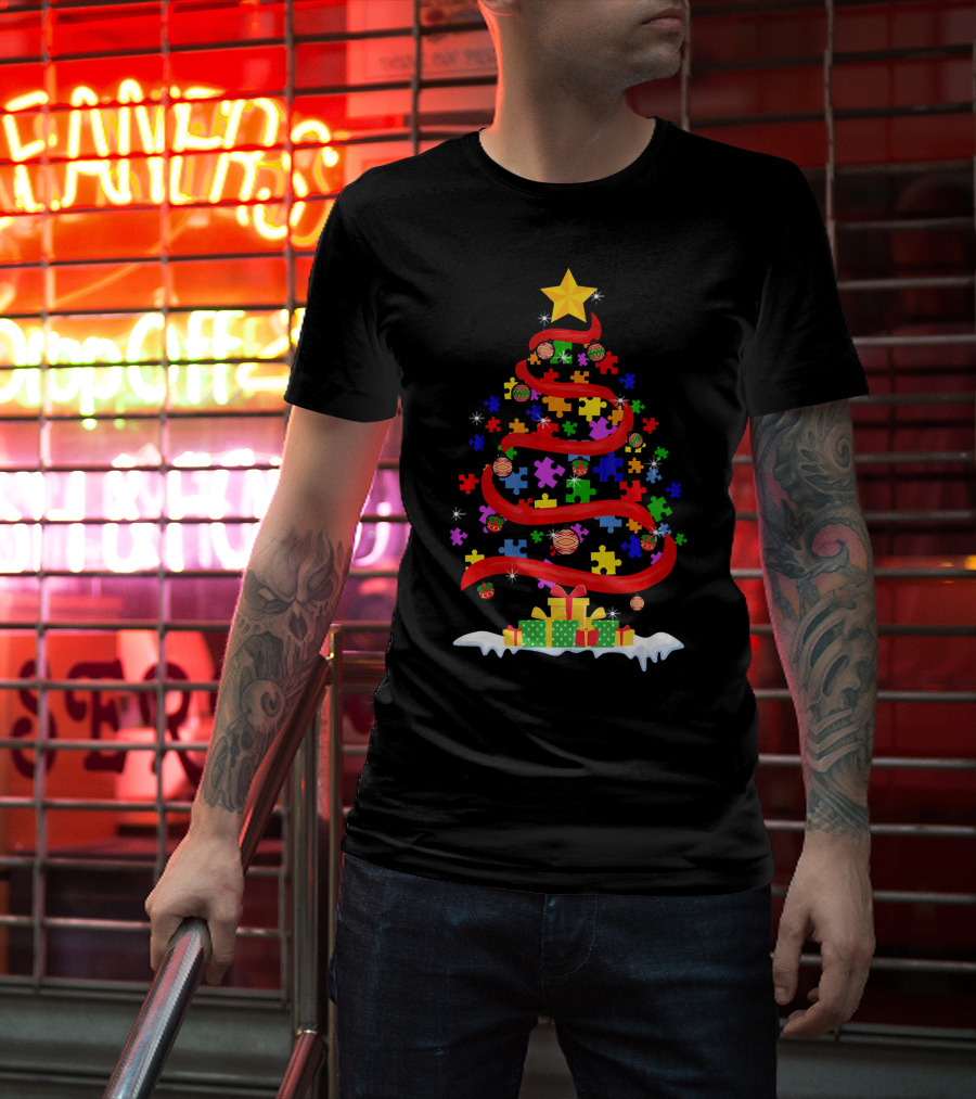 Xmas Puzzle Autism Christmas Tree With Star And Gifts T-Shirt