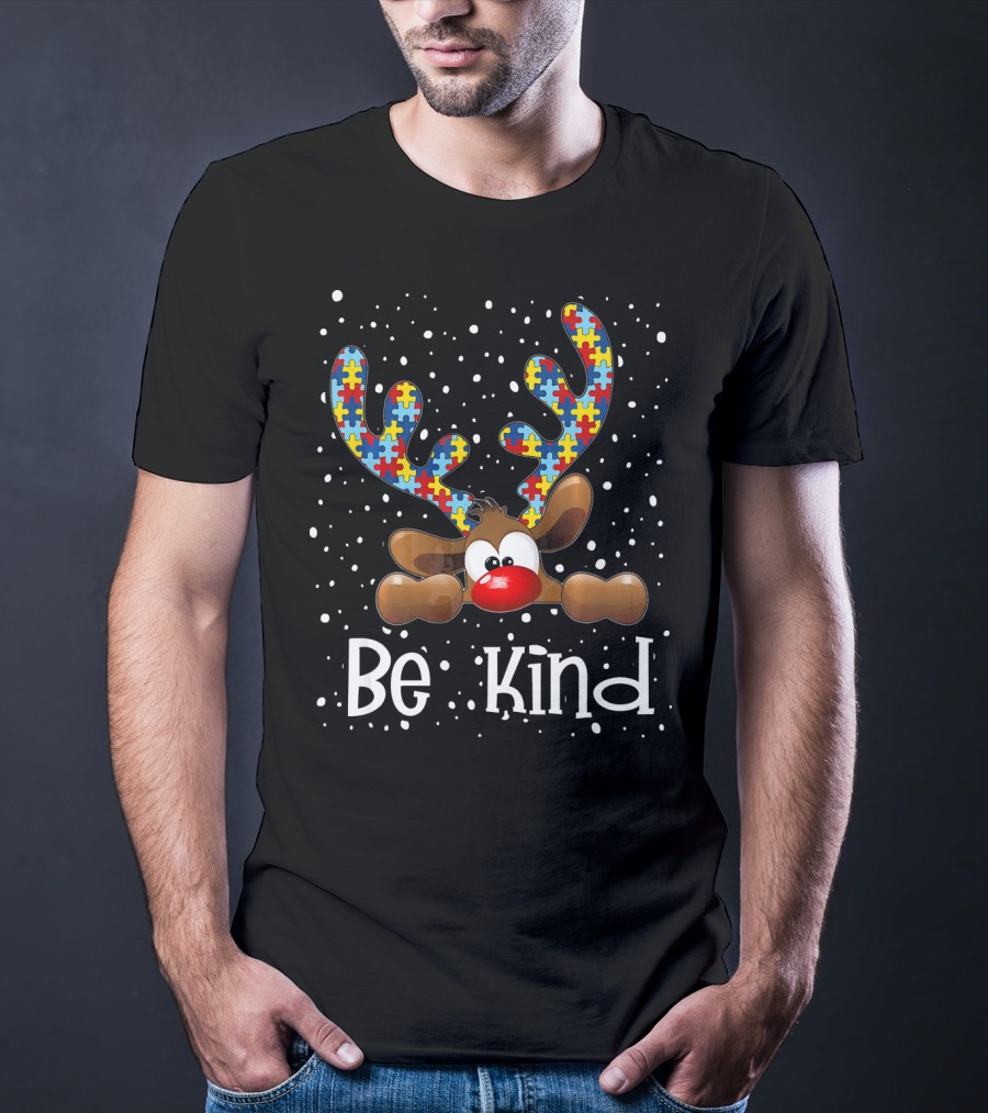 Be Kind Autism Awareness Reindeer With Puzzle Piece Antlers T-Shirt