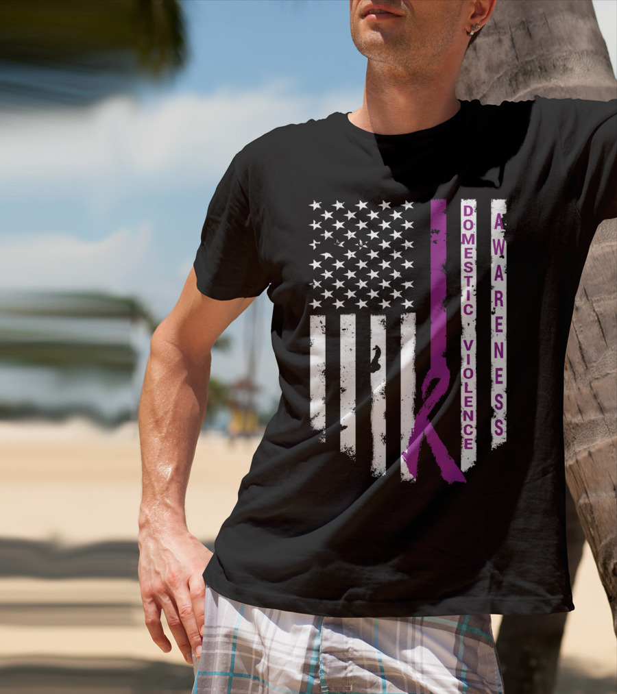 Domestic Violence Awareness Purple Ribbon American Flag T-Shirt