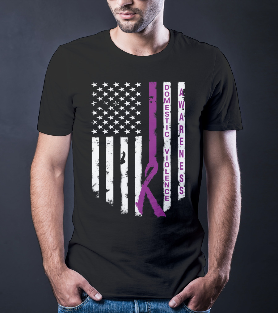 Domestic Violence Awareness Purple Ribbon American Flag T-Shirt