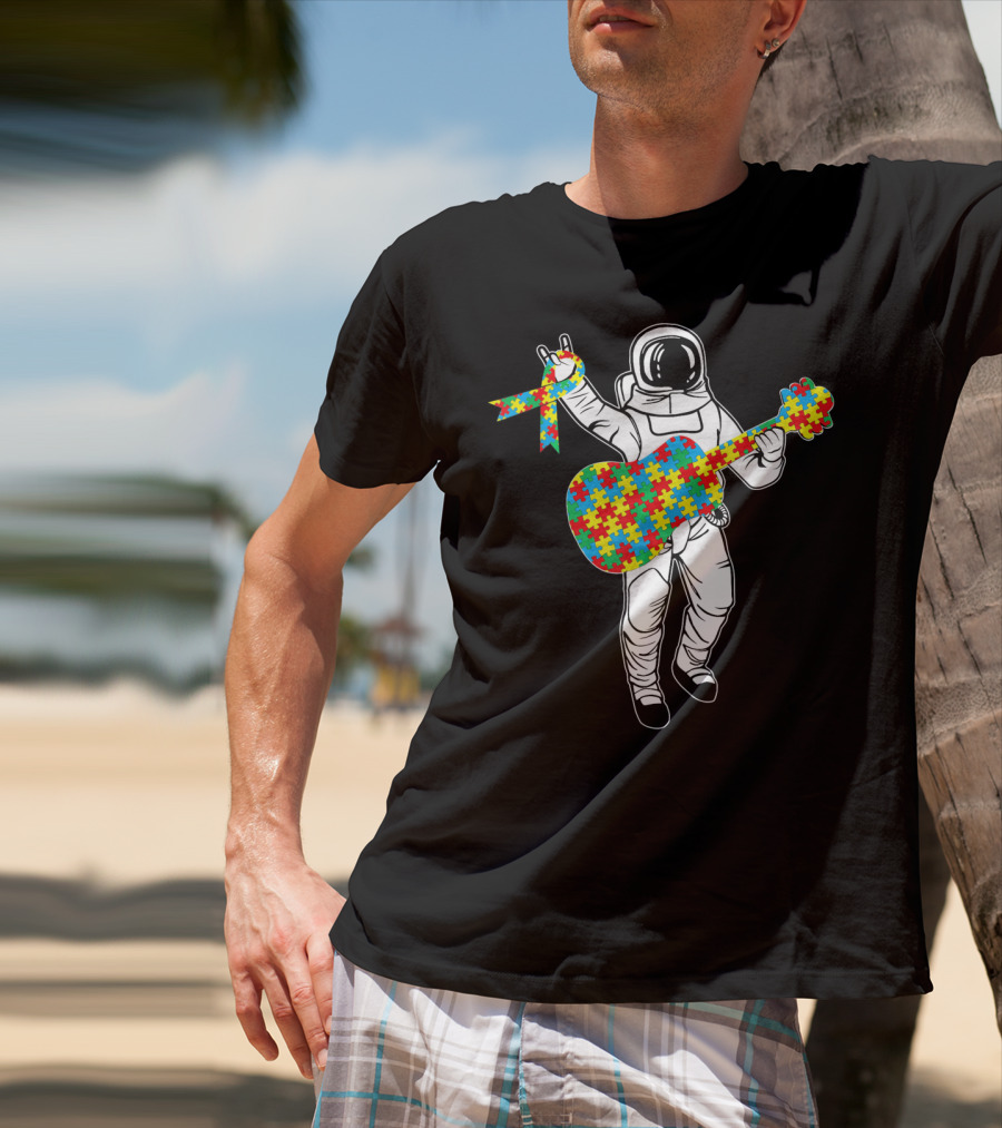 Astronaut Playing Guitar Autism Awareness Puzzle Ribbon Space T-Shirt