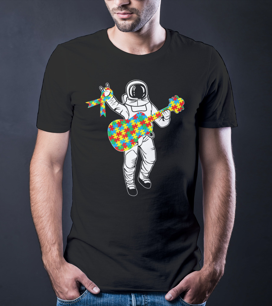 Astronaut Playing Guitar Autism Awareness Puzzle Ribbon Space T-Shirt