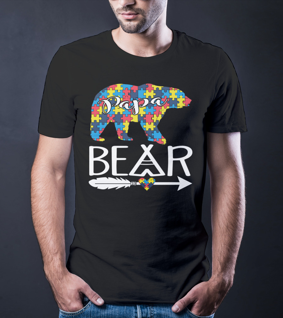 Papa Bear Puzzle Heart Autism Awareness T-Shirt