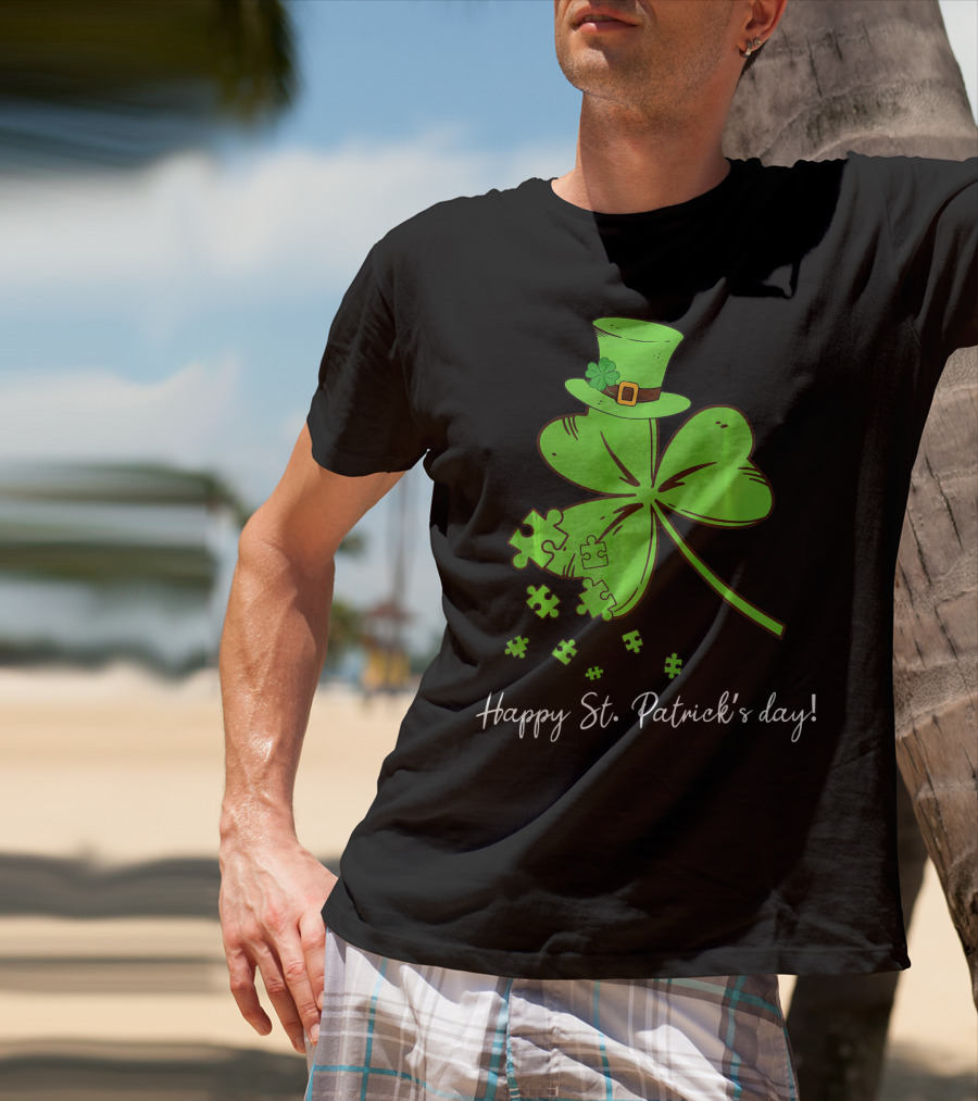 Happy St. Patrick's Day Puzzle Shamrock With Leprechaun Hat T-Shirt