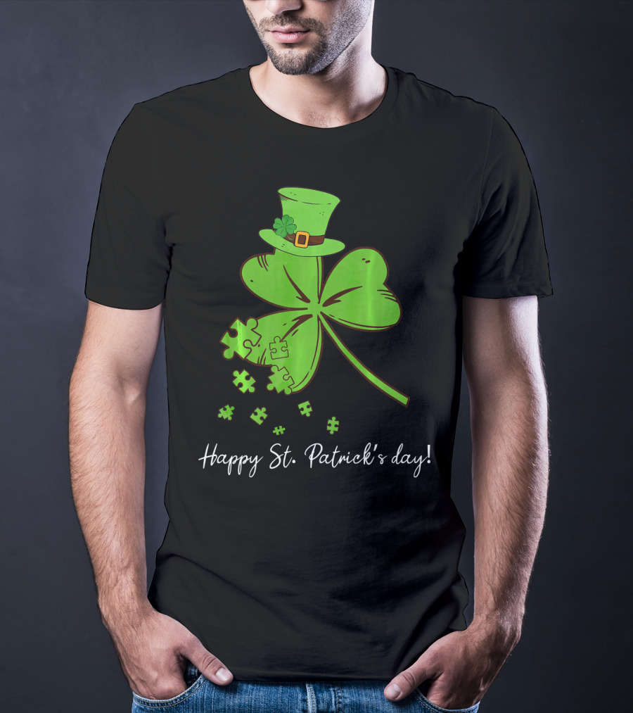 Happy St. Patrick's Day Puzzle Shamrock With Leprechaun Hat T-Shirt