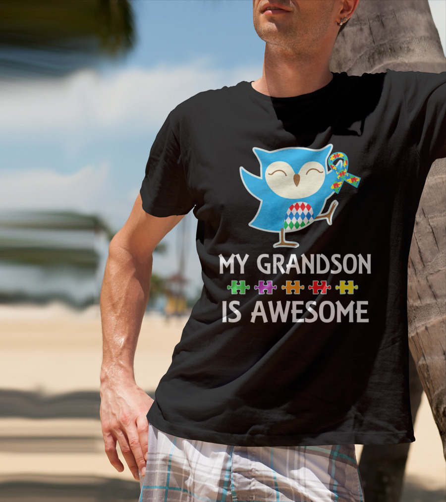 Autism Awareness My Grandson Is Awesome Owl Puzzle T-Shirt