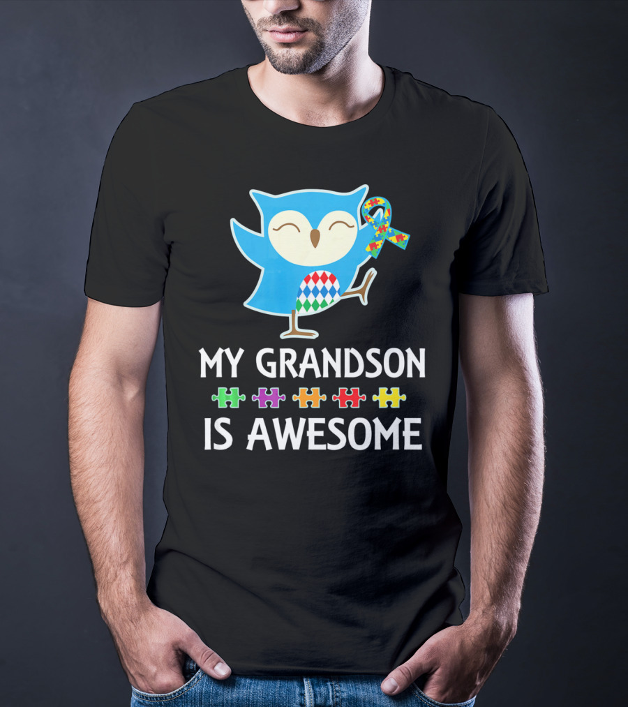Autism Awareness My Grandson Is Awesome Owl Puzzle T-Shirt