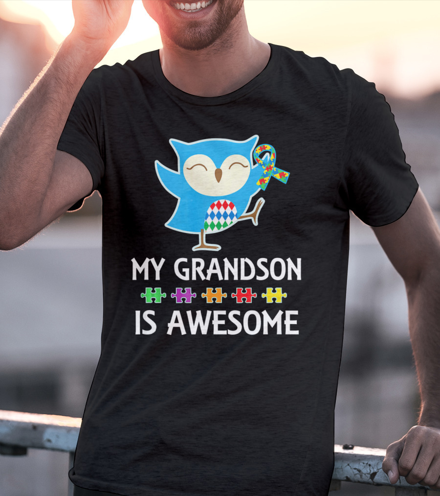 Autism Awareness My Grandson Is Awesome Owl Puzzle T-Shirt