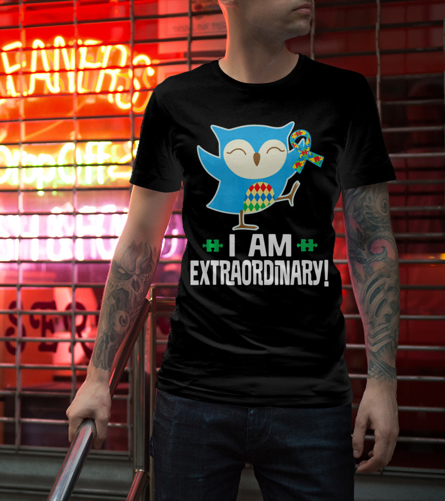 I Am Extraordinary Autism Awareness Autistic Spectrum Disor Puzzle Ribbon Owl T-Shirt