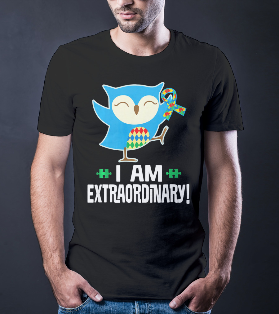I Am Extraordinary Autism Awareness Autistic Spectrum Disor Puzzle Ribbon Owl T-Shirt
