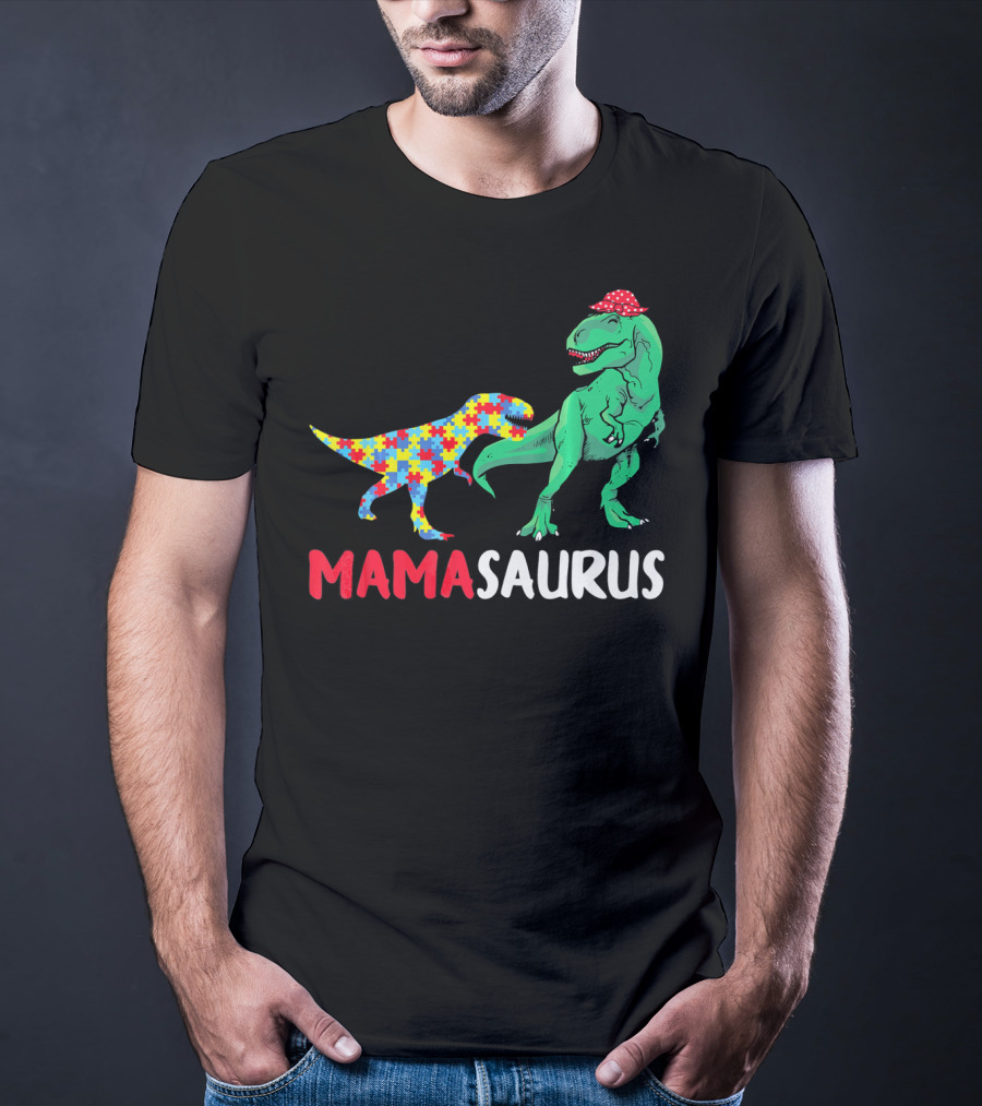 Mamasaurus Mama Dinosaur Puzzle Pattern Autism Awareness T-Shirt