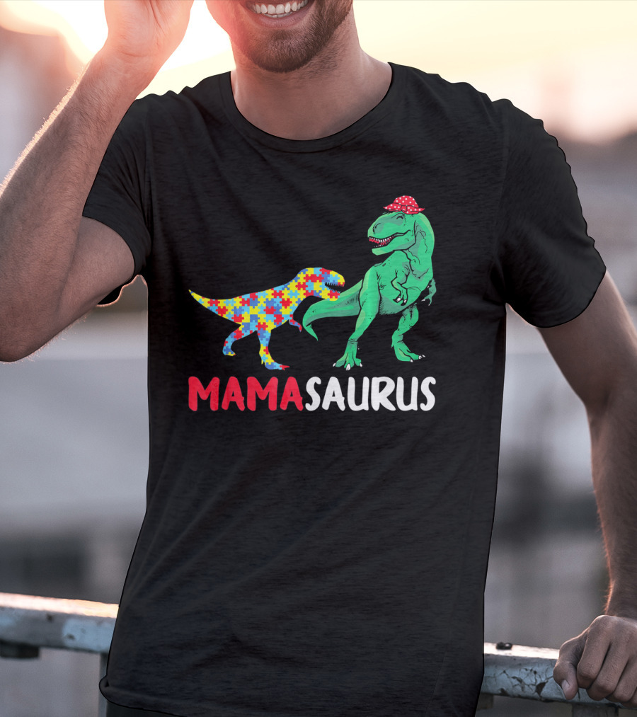 Mamasaurus Mama Dinosaur Puzzle Pattern Autism Awareness T-Shirt