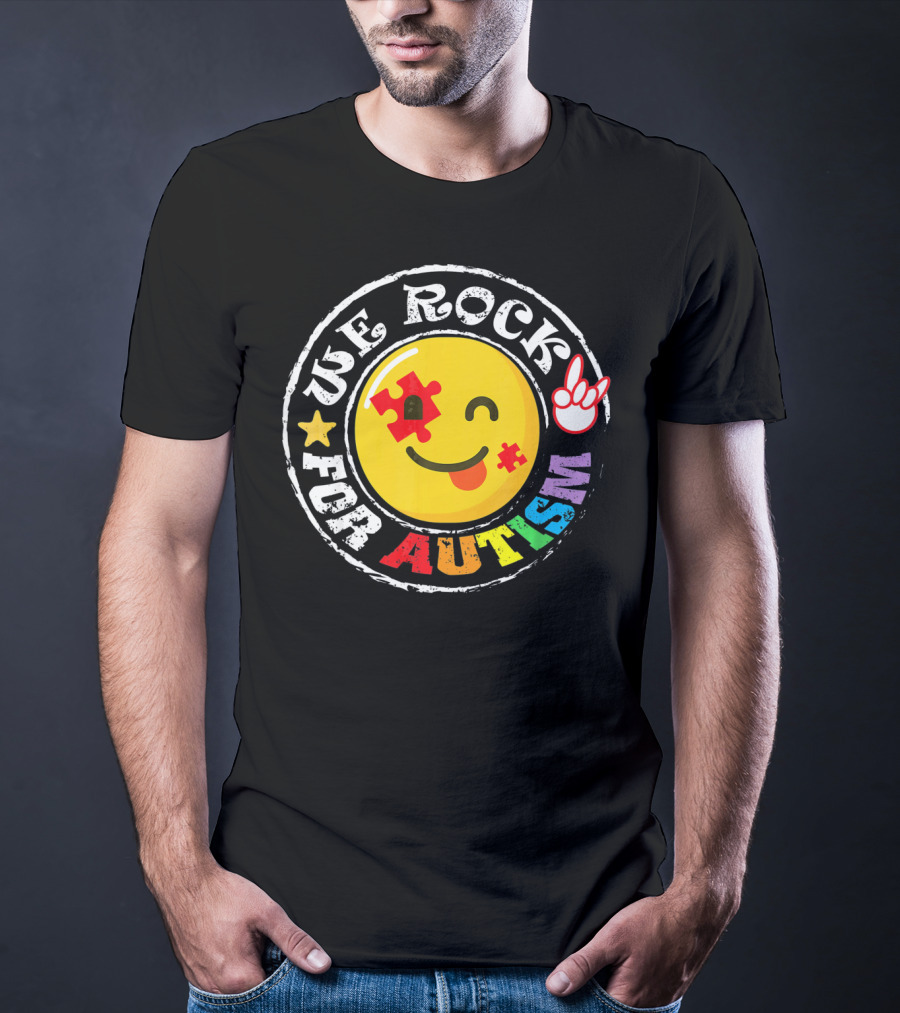 We Rock For Autism Puzzle Face Emoji With Hand Sign T-Shirt