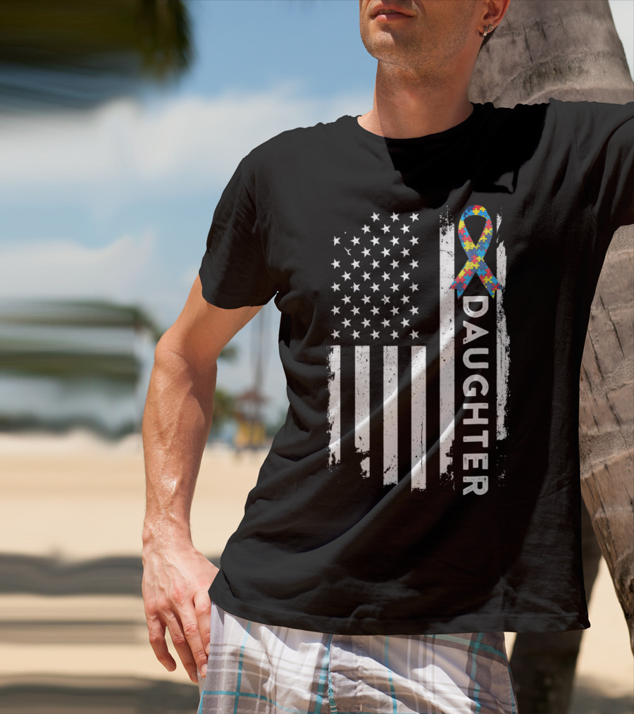 Daughter Autism Awareness American Flag Puzzle T-Shirt