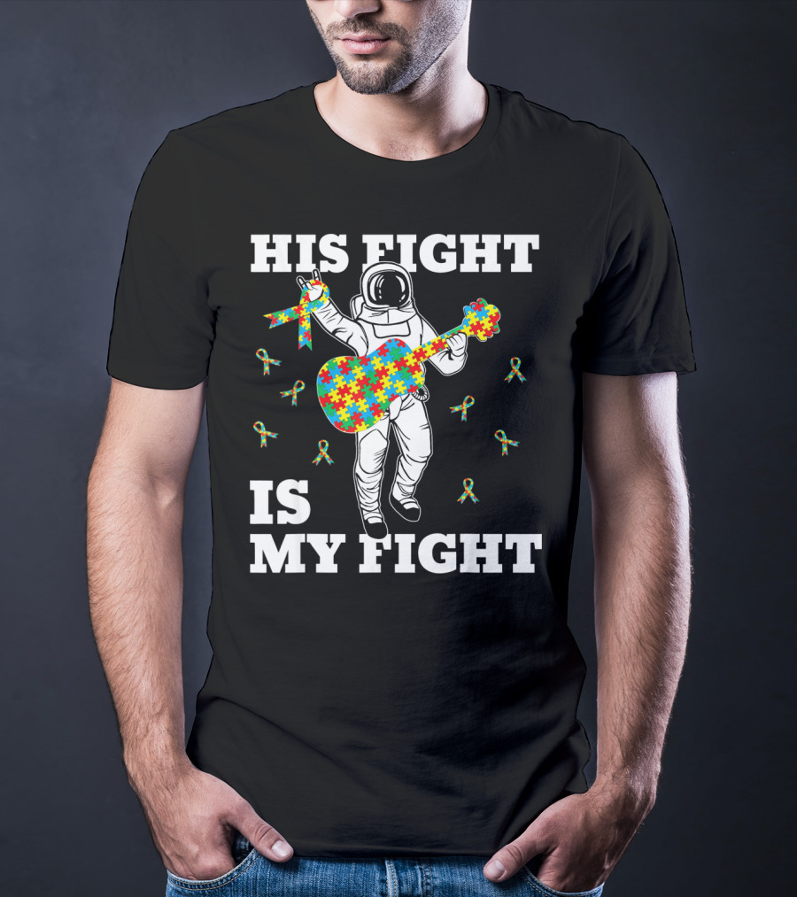 His Fight Is My Fight Autism Awareness Astronaut With Puzzle Guitar T-Shirt
