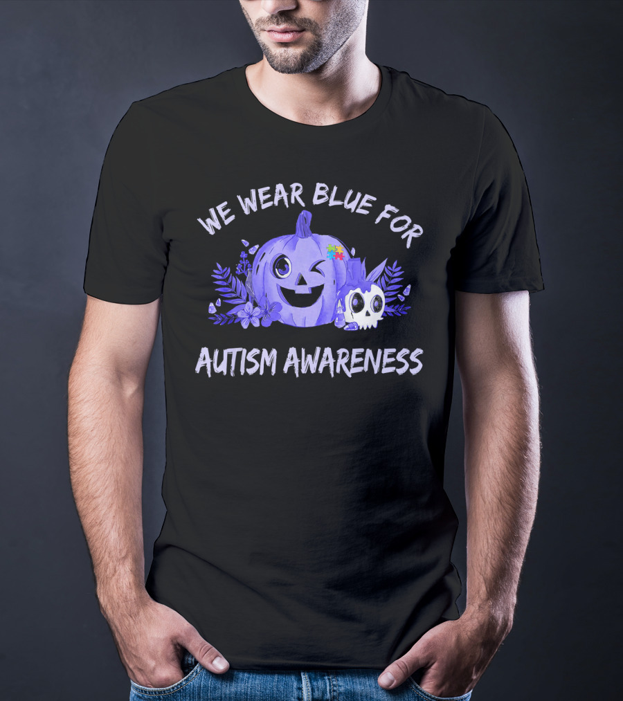 We Wear Blue For Autism Awareness Pumpkin Winking Face T-Shirt