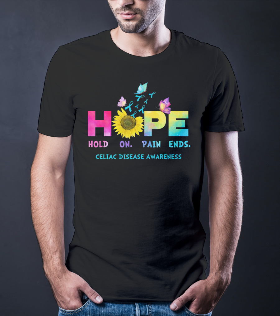 HOPE Hold On Pain Ends Celiac Disease Awareness Ribbon Sunflower Butterfly T-Shirt