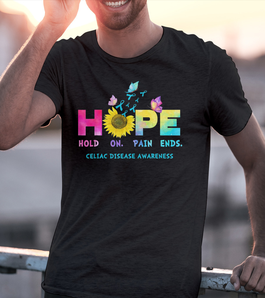 HOPE Hold On Pain Ends Celiac Disease Awareness Ribbon Sunflower Butterfly T-Shirt