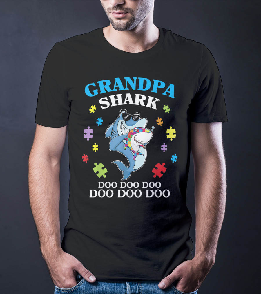 Grandpa Shark Doo Doo Doo Doo Funny Autism Puzzle Pieces T-Shirt