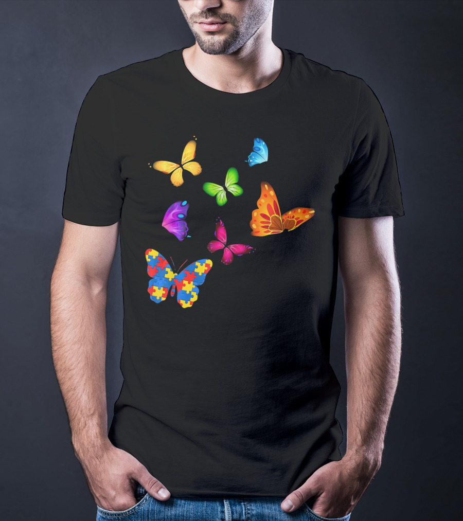 Autism Awareness Butterfly With Multicolored Puzzle T-Shirt